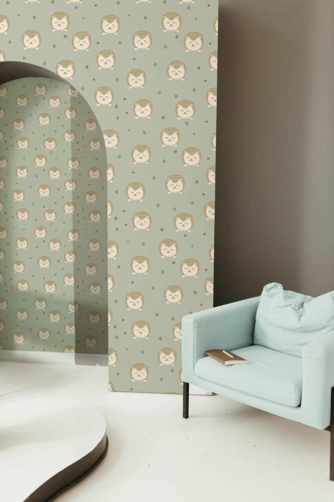 Mondern boho style living room decorated with Hedgehog nursery peel and stick wallpaper