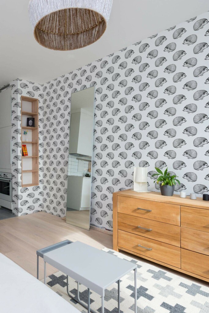 Scandinavian style small apartment decorated with Hedgehog peel and stick wallpaper