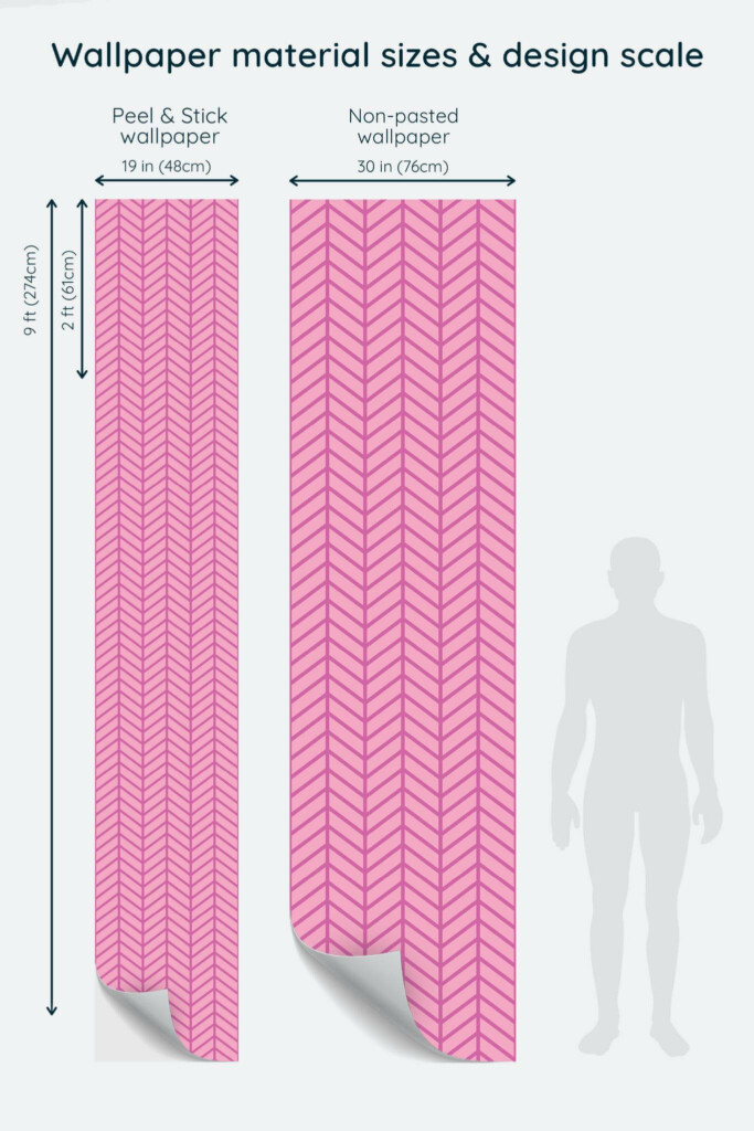 Size comparison of Herringbone Harmony Peel & Stick and Non-pasted wallpapers with design scale relative to human figure