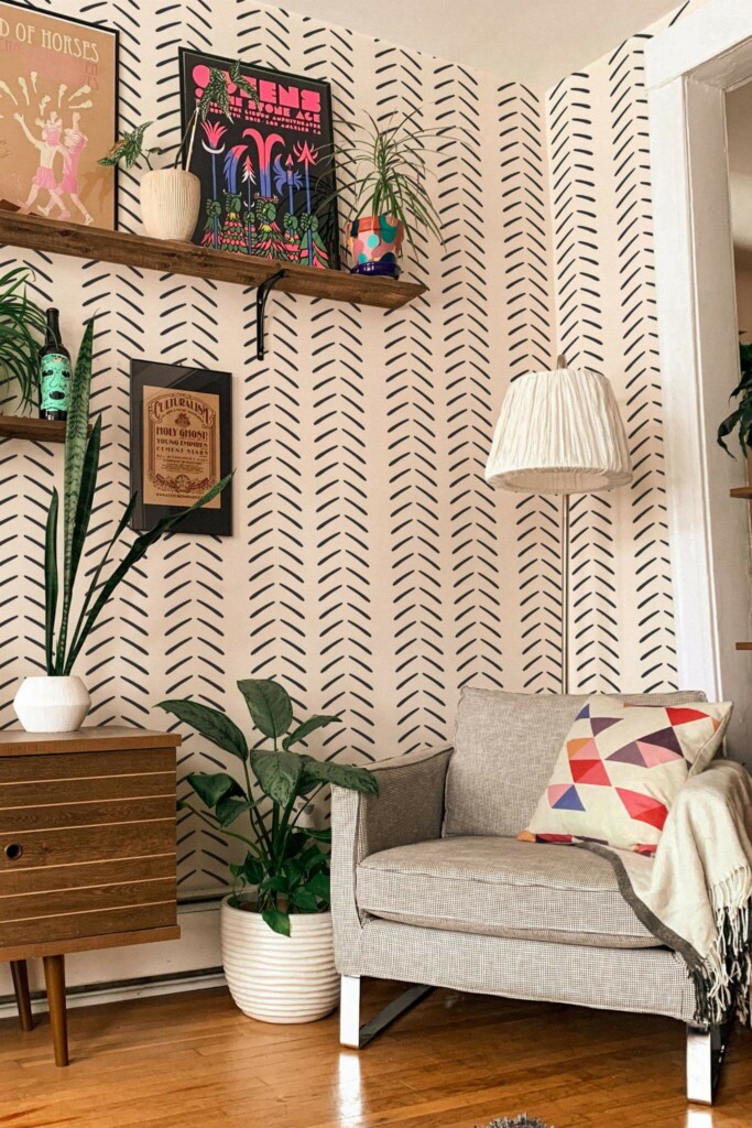 Eclectic style living room decorated with Herringbone pattern peel and stick wallpaper