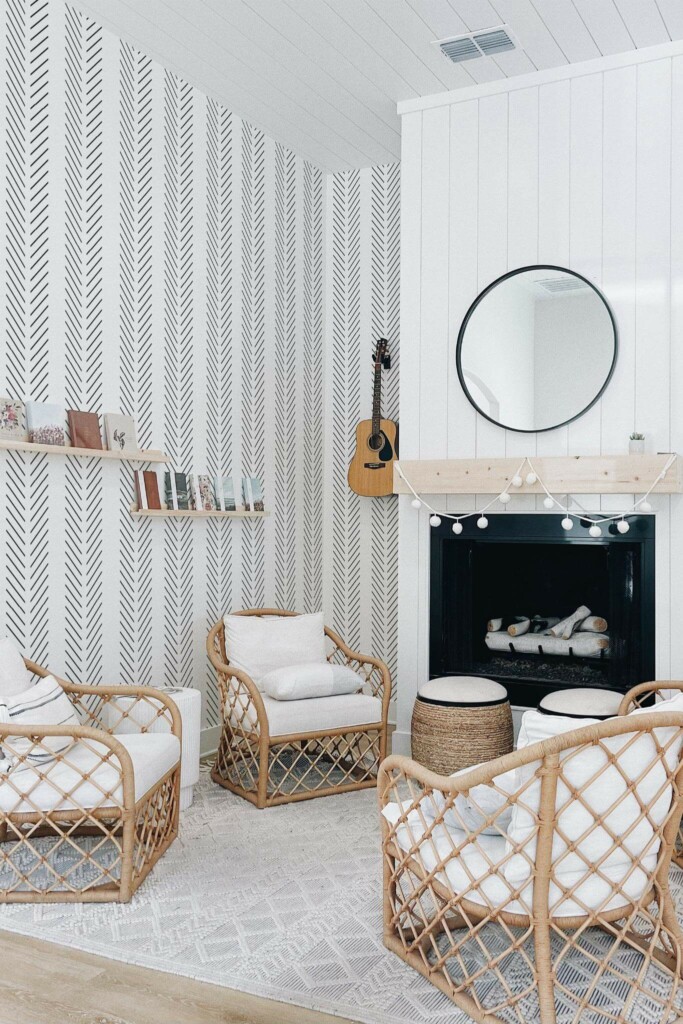 Minimal bohemian style living room decorated with Herringbone peel and stick wallpaper
