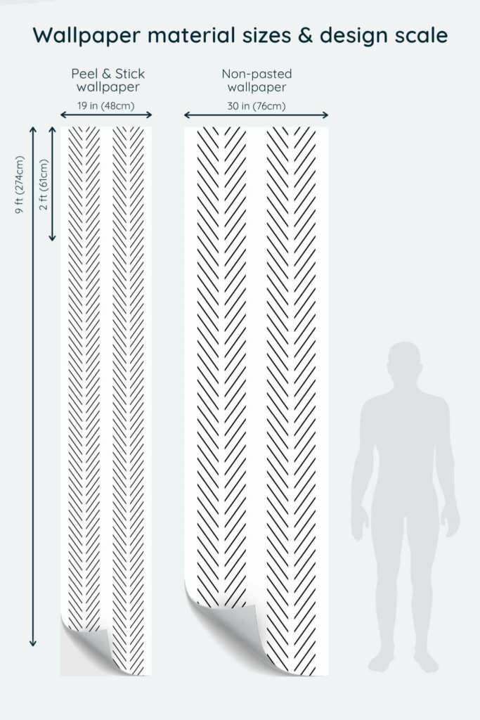 Size comparison of Herringbone Peel & Stick and Non-pasted wallpapers with design scale relative to human figure