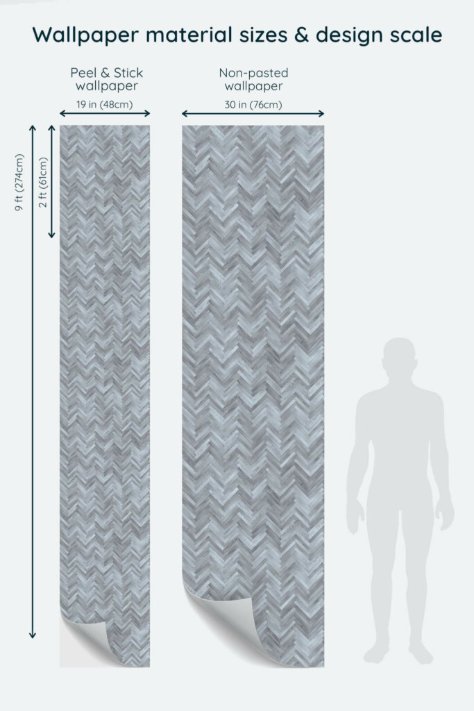 Size comparison of Herringbone wood Peel & Stick and Non-pasted wallpapers with design scale relative to human figure
