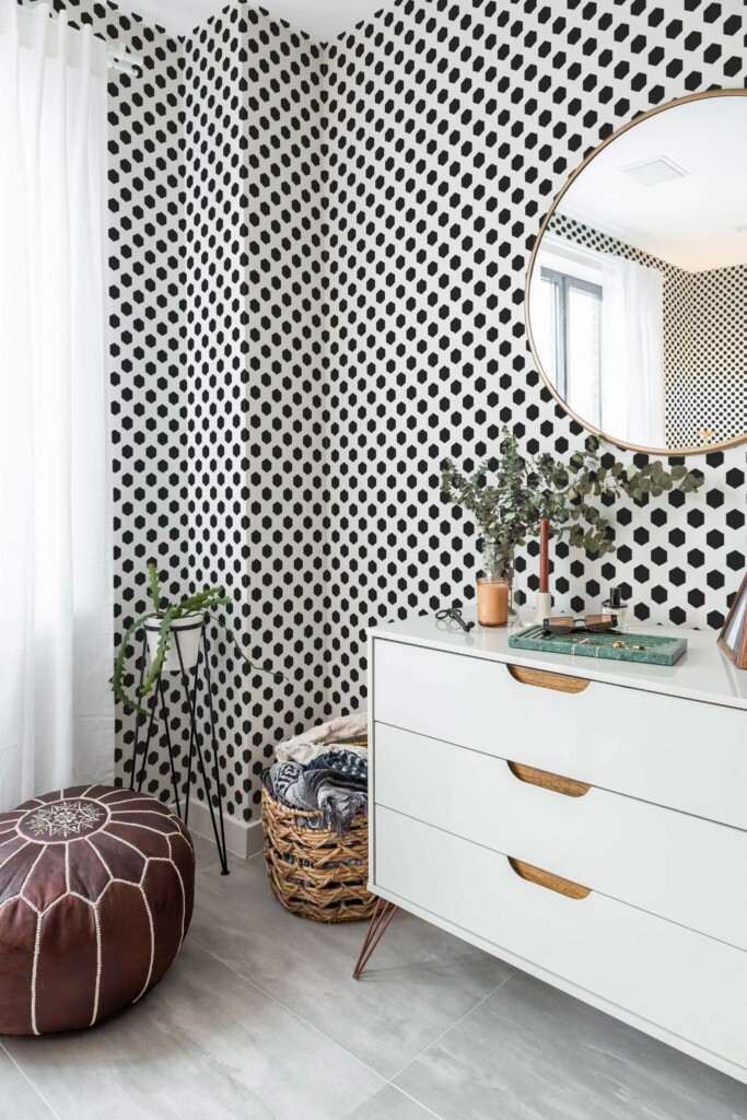 Scandinavian style bedroom decorated with Hexagon polka dot peel and stick wallpaper and Mediterranean accents