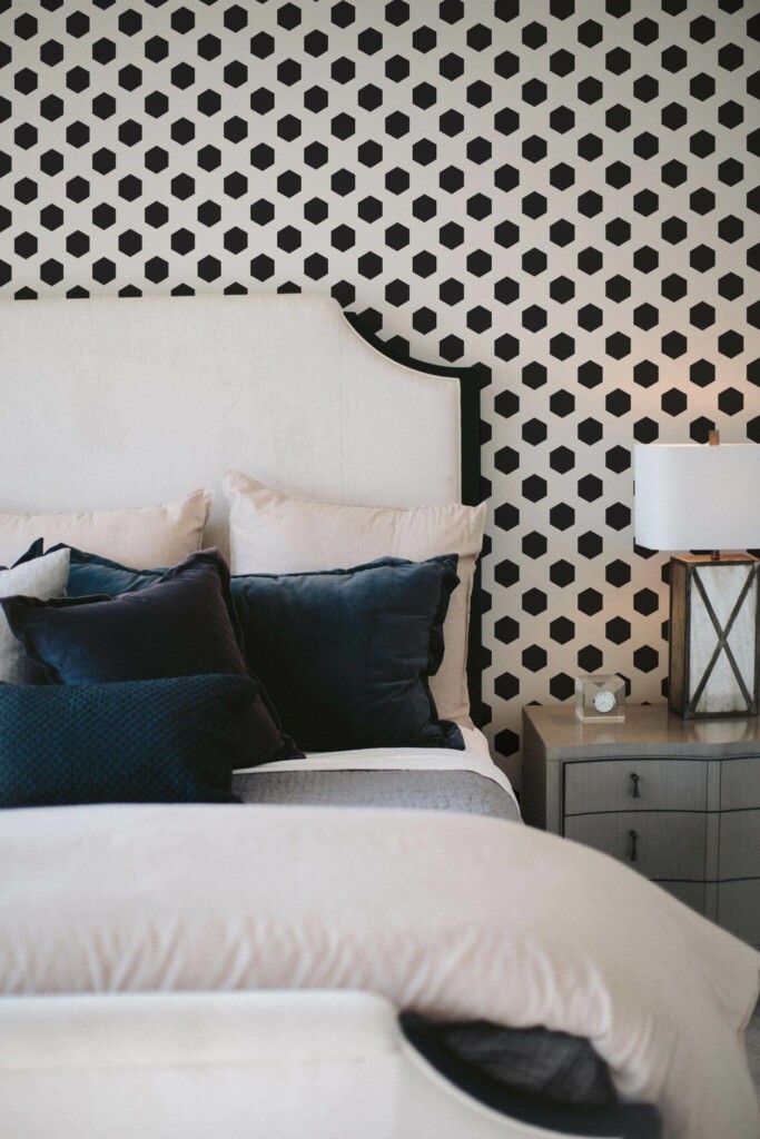 Shabby chic style bedroom decorated with Hexagon polka dot peel and stick wallpaper