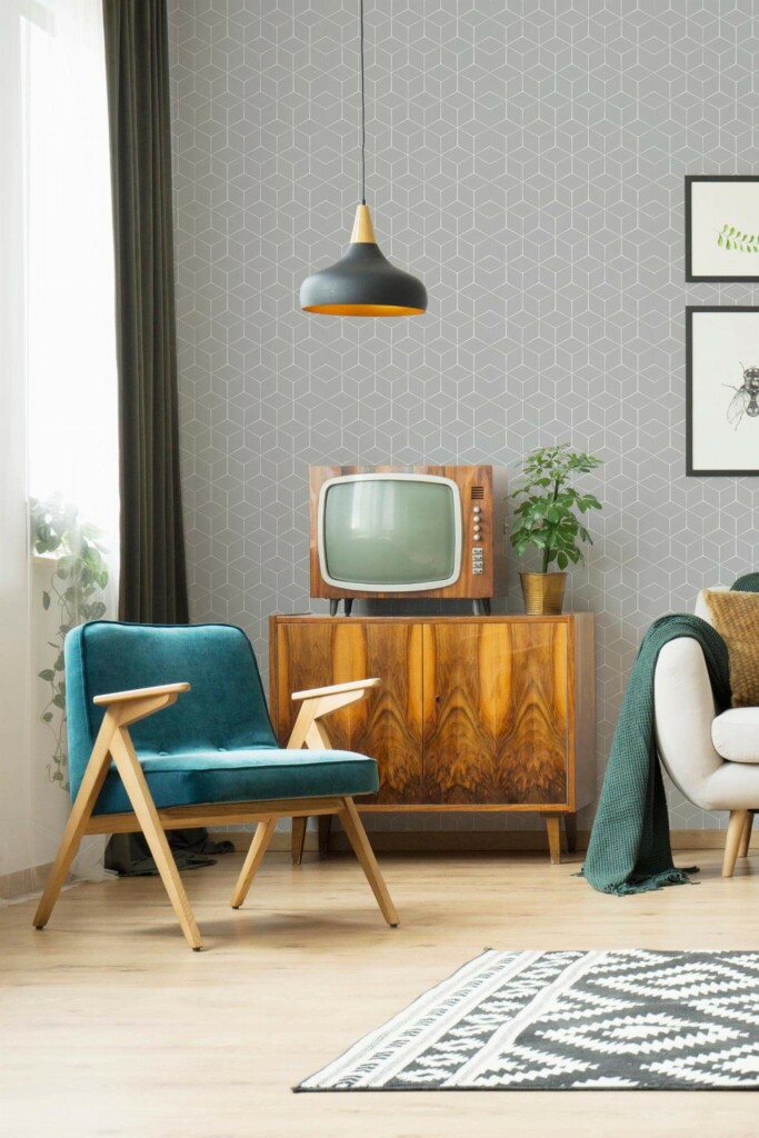 Mid-century modern style living room decorated with Hexagon peel and stick wallpaper