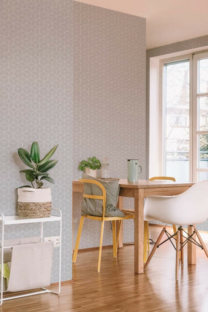 Minimal scandinavian style dining room decorated with Hexagon peel and stick wallpaper