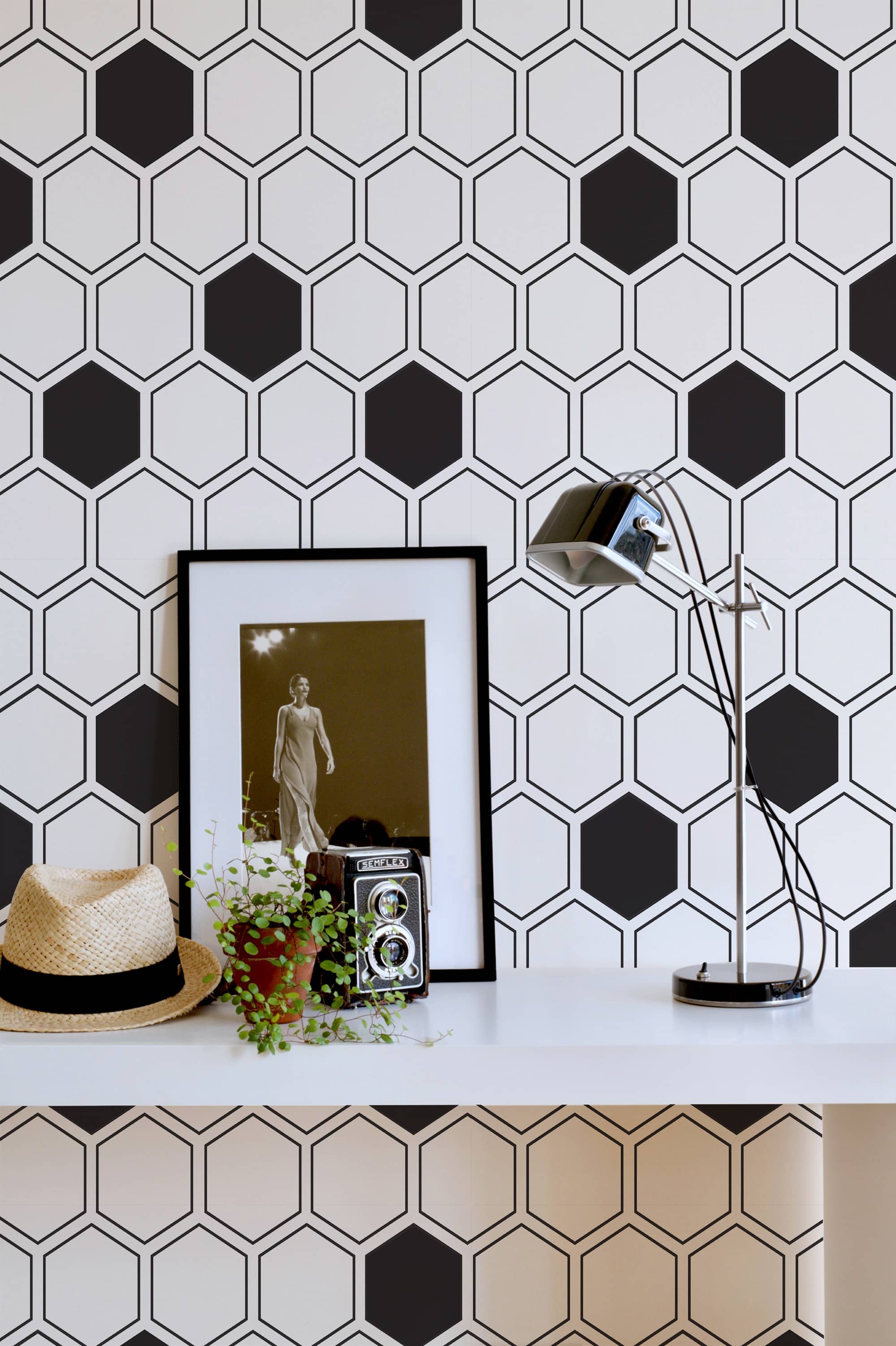 Black and white hexagon geometric wallpaper - Peel and Stick or Non-Pasted