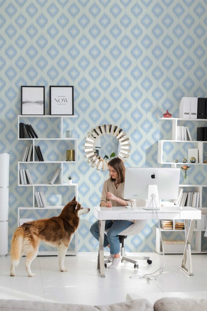 Coastal Ikat Blue wallpaper for home office 