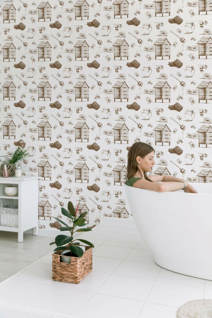 Minimal style bathroom decorated with Honey bee peel and stick wallpaper