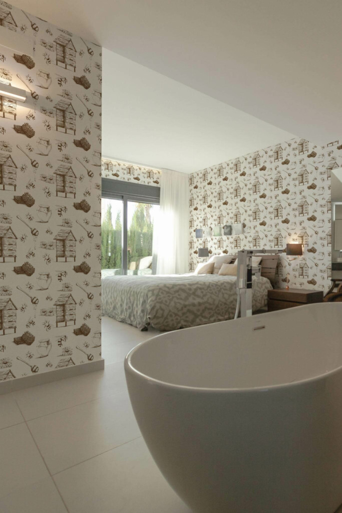 Modern style bedroom with open bathroom decorated with Honey bee peel and stick wallpaper