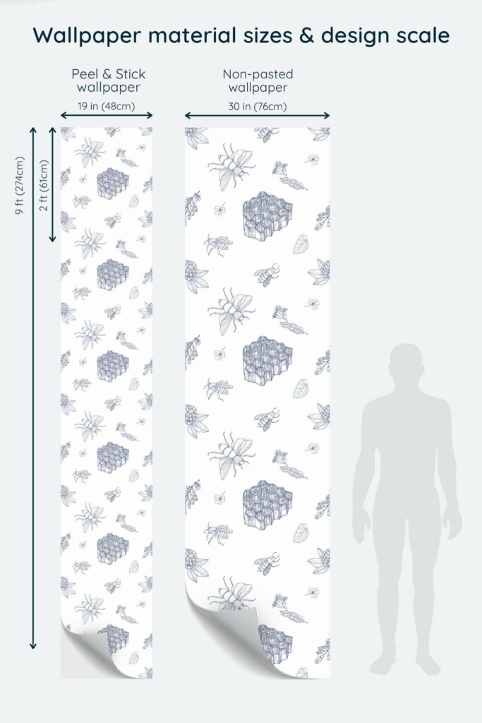 Size comparison of Honey bee Peel & Stick and Non-pasted wallpapers with design scale relative to human figure