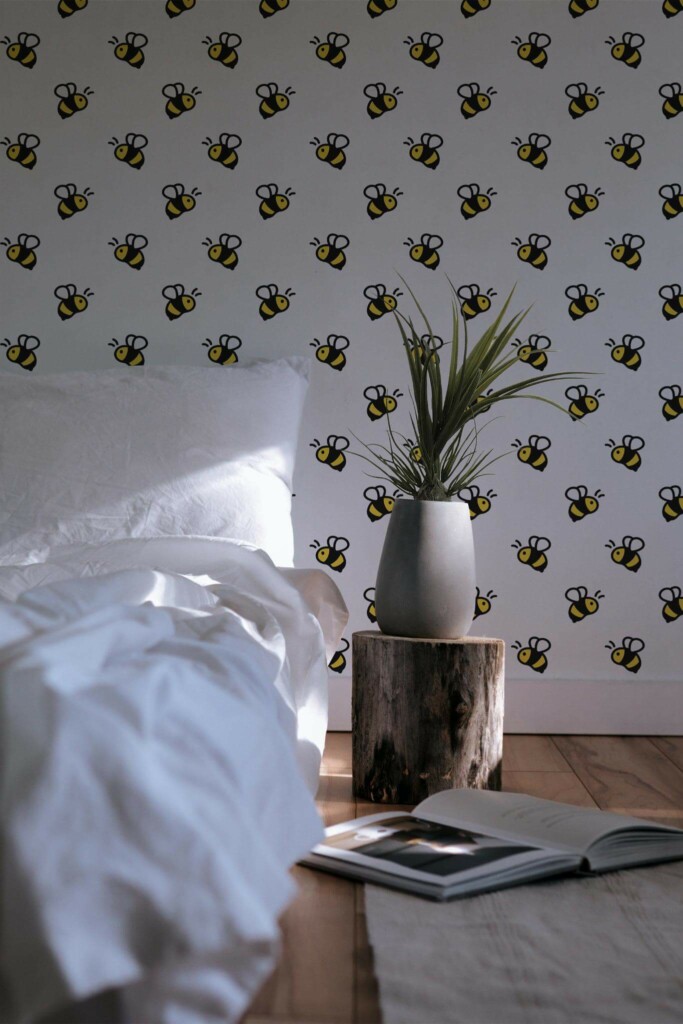 Minimal scandinavian style bedroom decorated with Honey bees peel and stick wallpaper