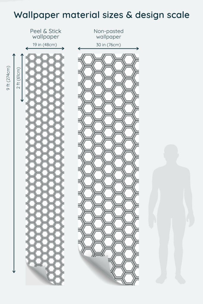 Size comparison of Honeycomb pattern Peel & Stick and Non-pasted wallpapers with design scale relative to human figure
