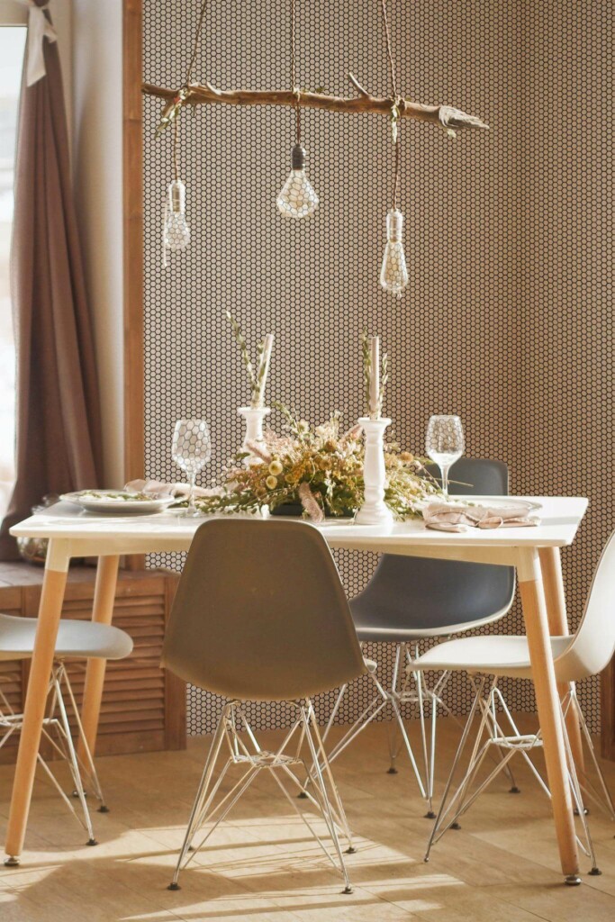 Modern boho style dining room decorated with Honeycomb peel and stick wallpaper