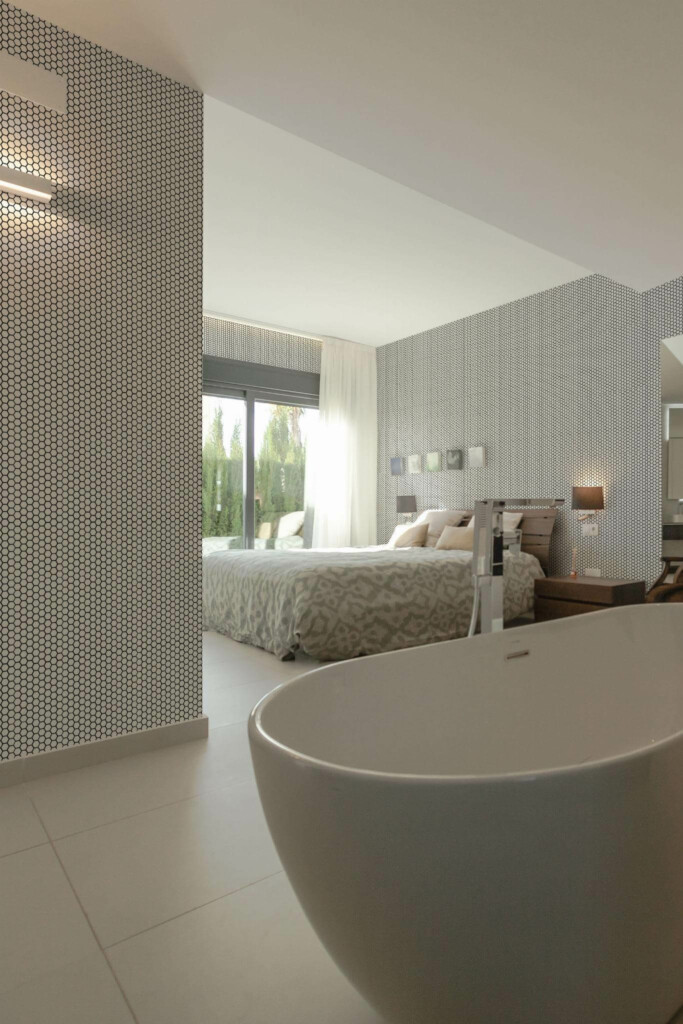 Modern style bedroom with open bathroom decorated with Honeycomb peel and stick wallpaper