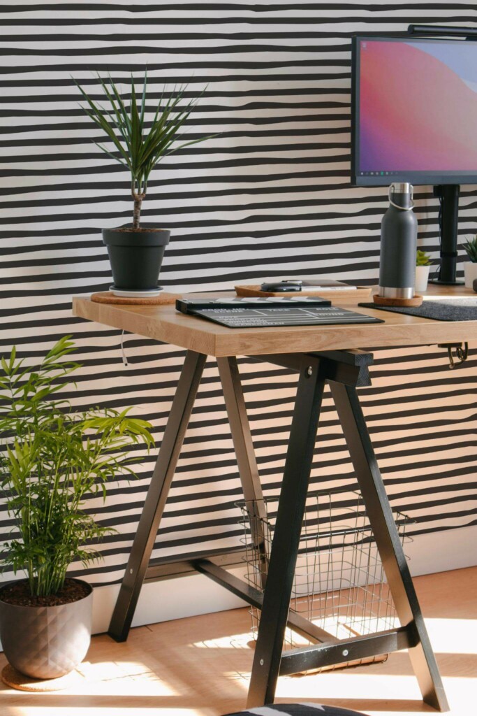 Scandinavian style home office decorated with Horizontal abstract stripe peel and stick wallpaper