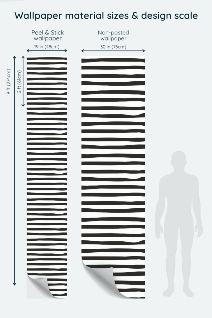 Size comparison of Horizontal abstract striped Peel & Stick and Non-pasted wallpapers with design scale relative to human figure
