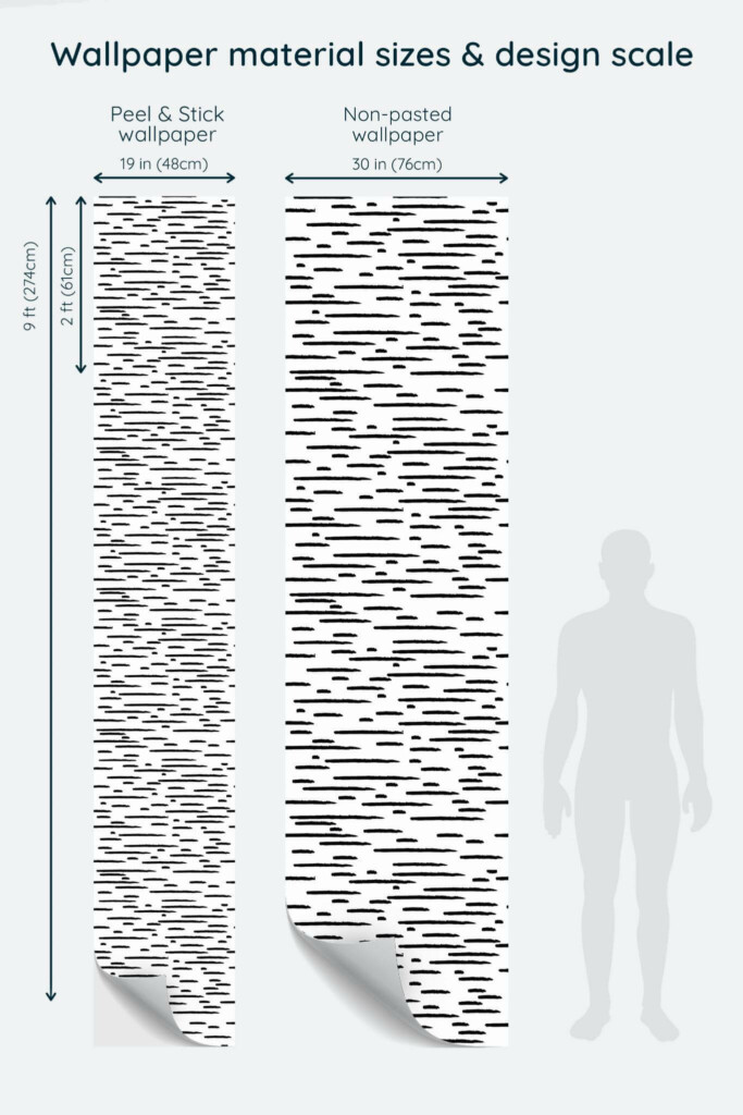 Size comparison of Horizontal brush stroke Peel & Stick and Non-pasted wallpapers with design scale relative to human figure