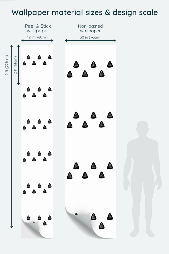 Size comparison of Horizontal triangle stripe Peel & Stick and Non-pasted wallpapers with design scale relative to human figure