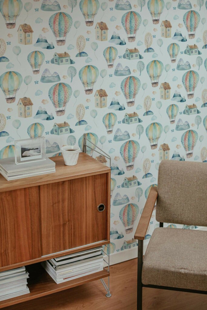 Mid-century style living room decorated with Hot air balloon nursery peel and stick wallpaper