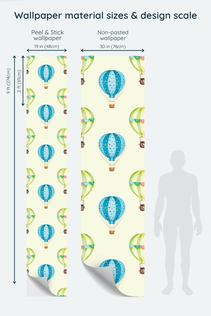 Size comparison of Hot air balloon Peel & Stick and Non-pasted wallpapers with design scale relative to human figure