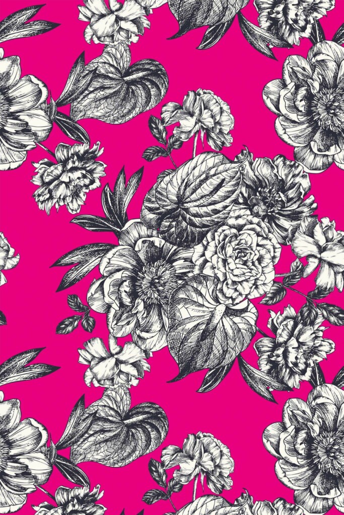 Pattern repeat of Hot pink floral removable wallpaper design