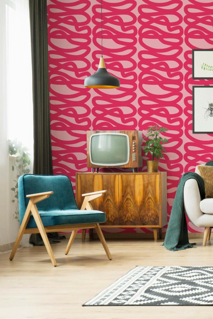 Mid-century modern style living room decorated with Hot pink line peel and stick wallpaper