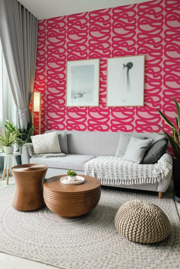 Modern scandinavian style living room decorated with Hot pink line peel and stick wallpaper and green plants