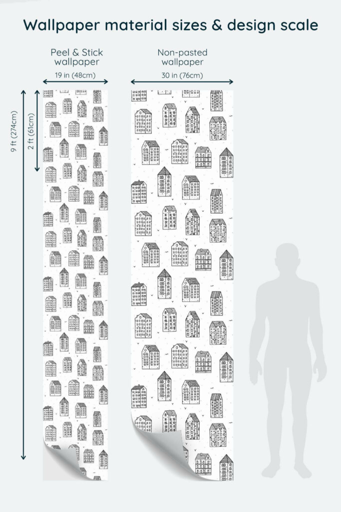 Size comparison of Houses Peel & Stick and Non-pasted wallpapers with design scale relative to human figure