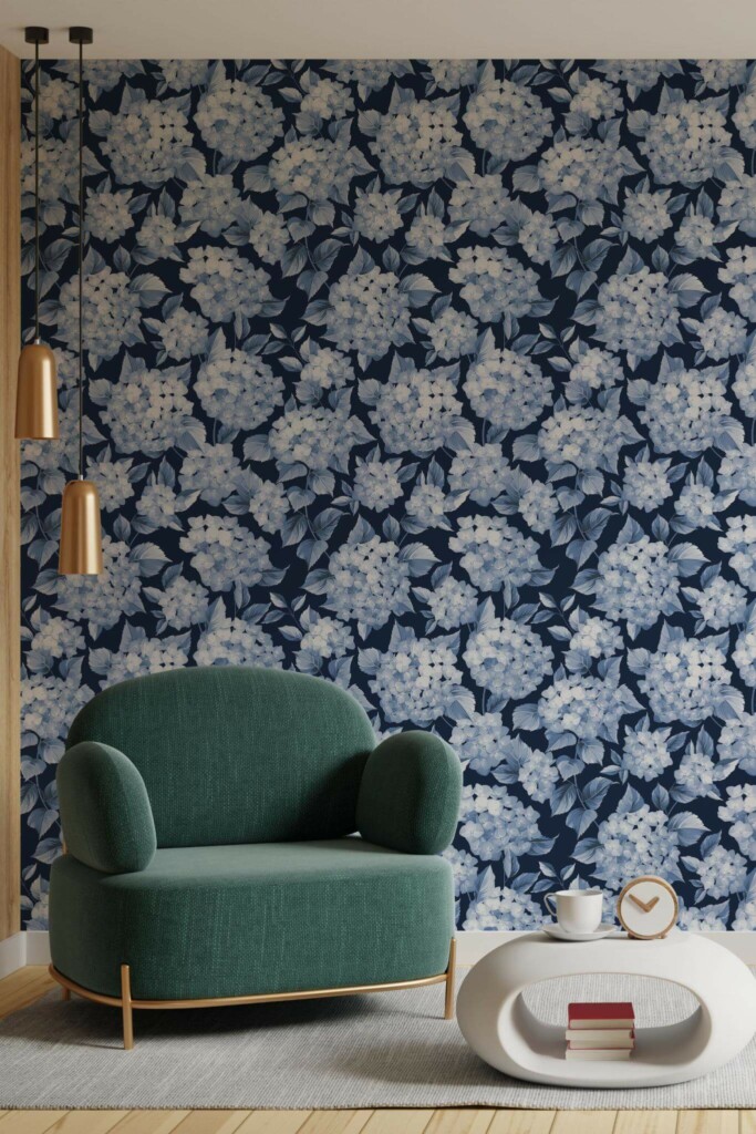 Contemporary style living room decorated with Hydrangea floral peel and stick wallpaper