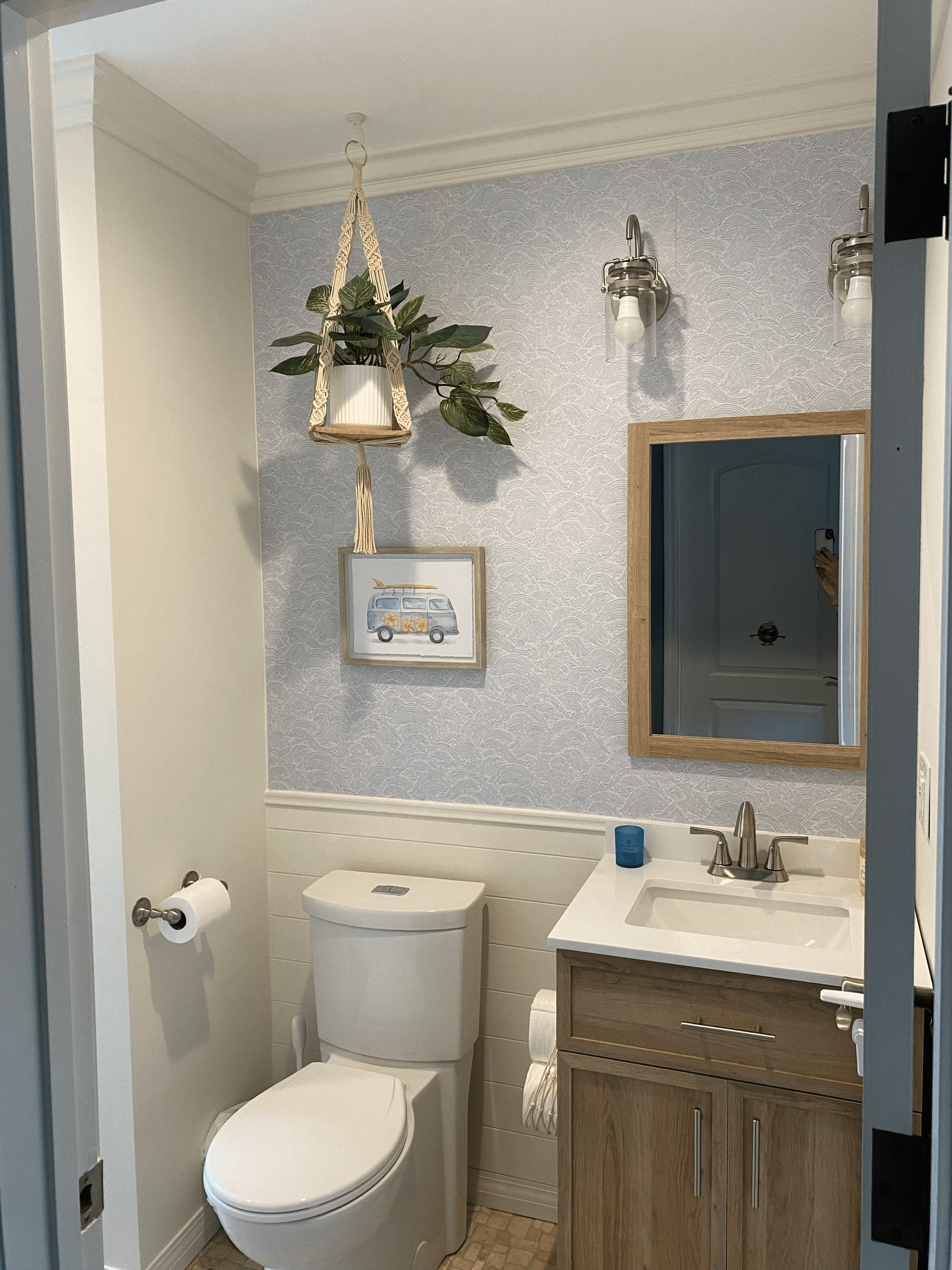 Bathroom interior with Seamless waves design peel and stick wallpaper