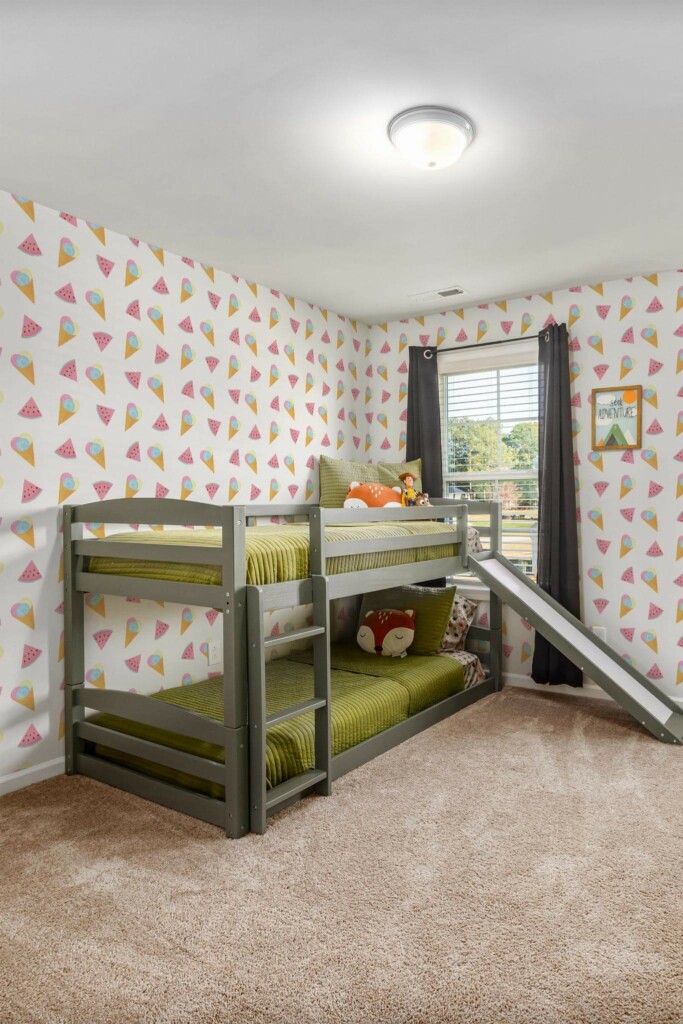 MId-century modern style kids room decorated with Ice cream and watermelon peel and stick wallpaper