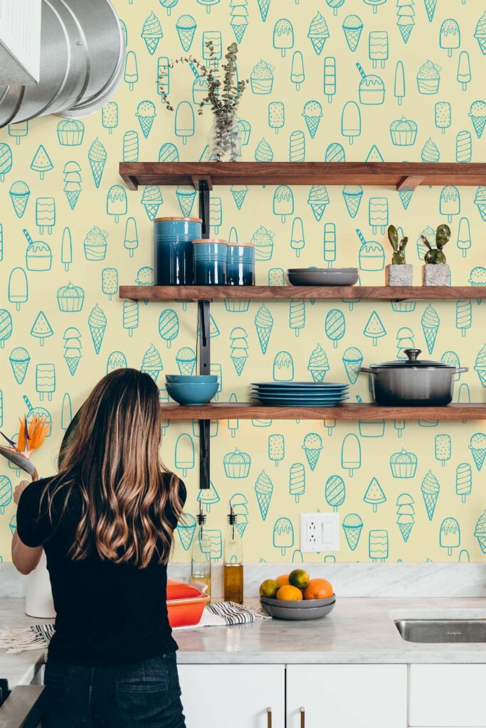 Modern Rustic style kitchen decorated with Ice cream doodles peel and stick wallpaper