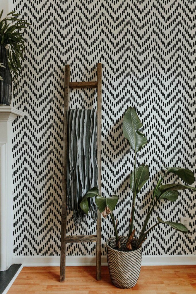 Scandinavian style living room decorated with Ikat chevron peel and stick wallpaper