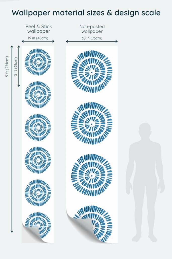 Size comparison of Ikat circle Peel & Stick and Non-pasted wallpapers with design scale relative to human figure