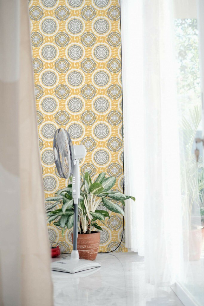 Minimal style living room decorated with Ikat circles peel and stick wallpaper