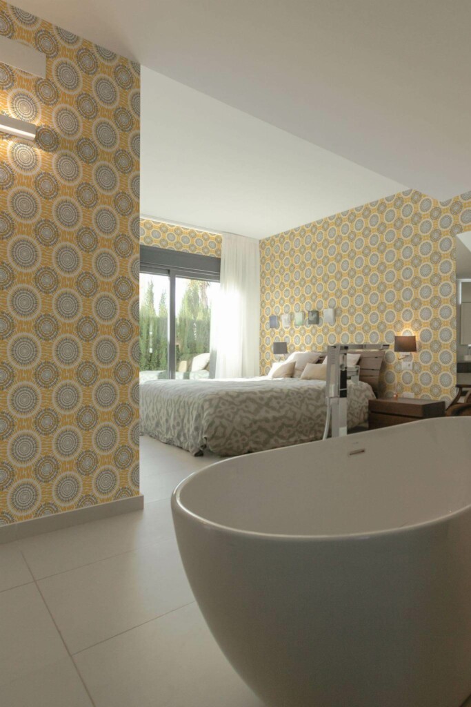 Modern style bedroom with open bathroom decorated with Ikat circles peel and stick wallpaper