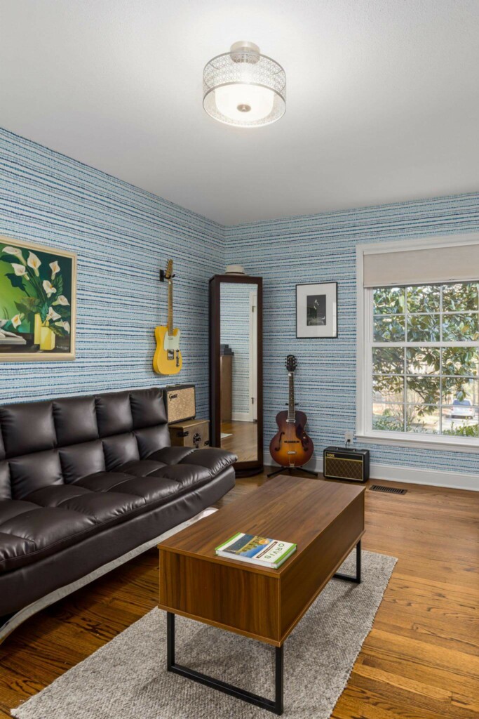 Mid-century style living room decorated with Ikat lines peel and stick wallpaper and music instruments