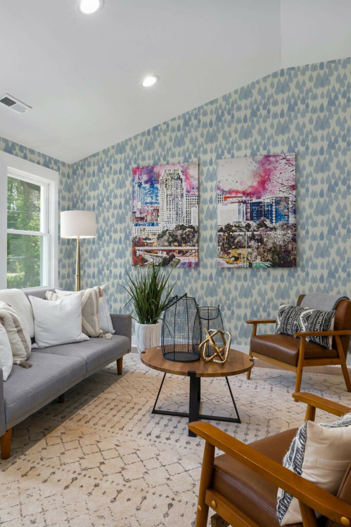 Mid-century modern style living room decorated with Ikat raindrop peel and stick wallpaper and colorful funky artwork
