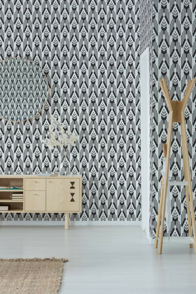 Minimal style entryway decorated with Ikat peel and stick wallpaper