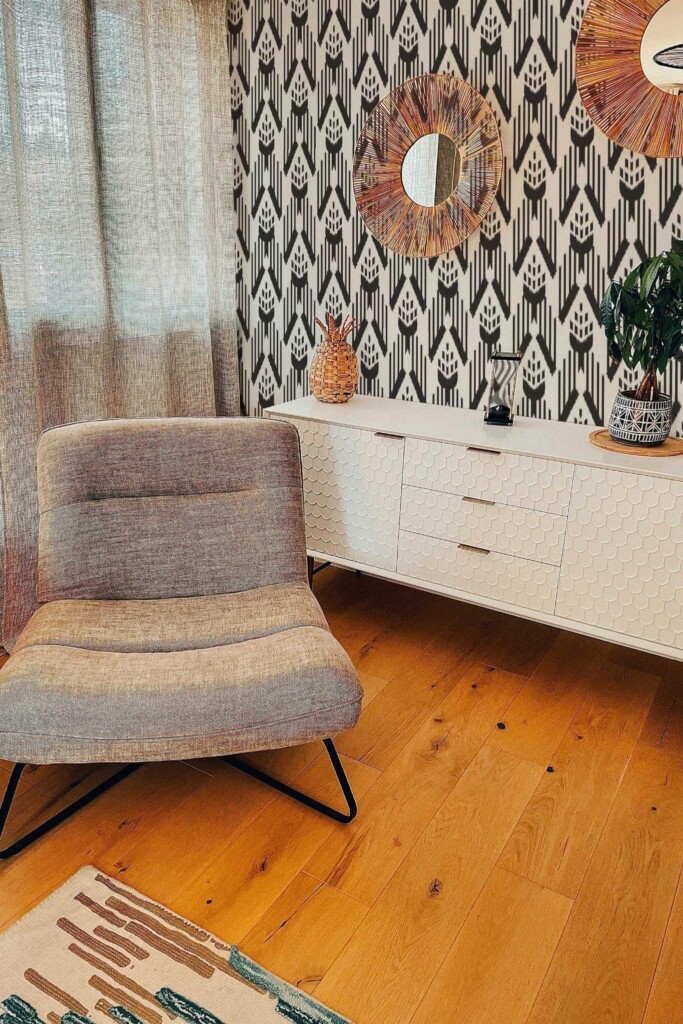 Modern style living room decorated with Ikat peel and stick wallpaper