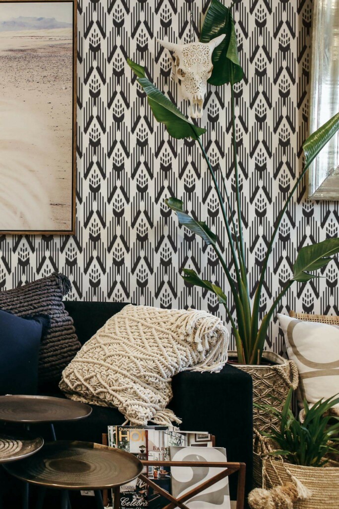 Scandinavian style living room decorated with Ikat peel and stick wallpaper