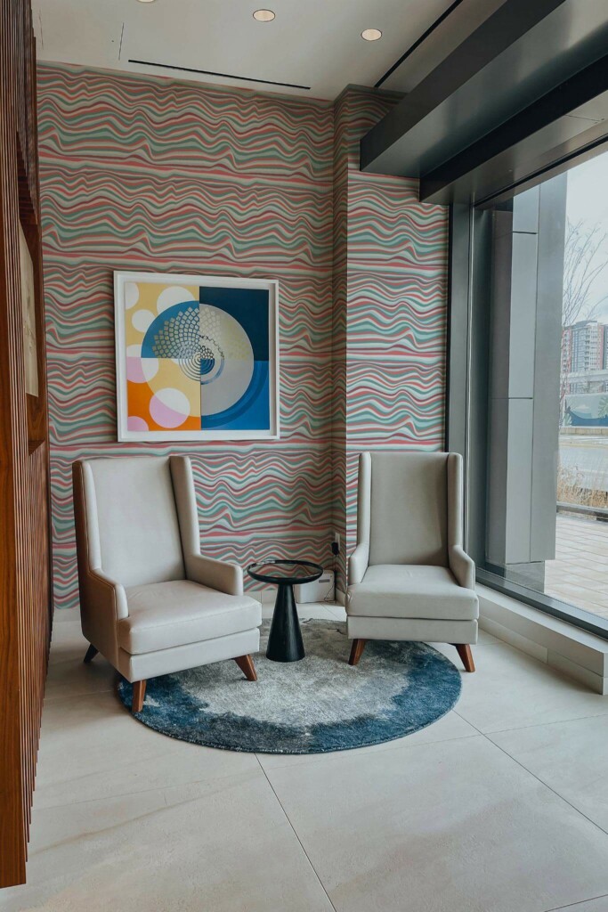Mid-century-modern style living room decorated with Illusion peel and stick wallpaper