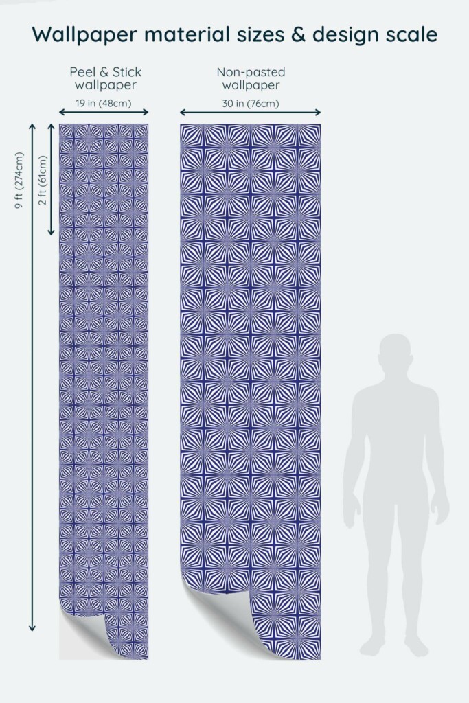Size comparison of Illusion Peel & Stick and Non-pasted wallpapers with design scale relative to human figure