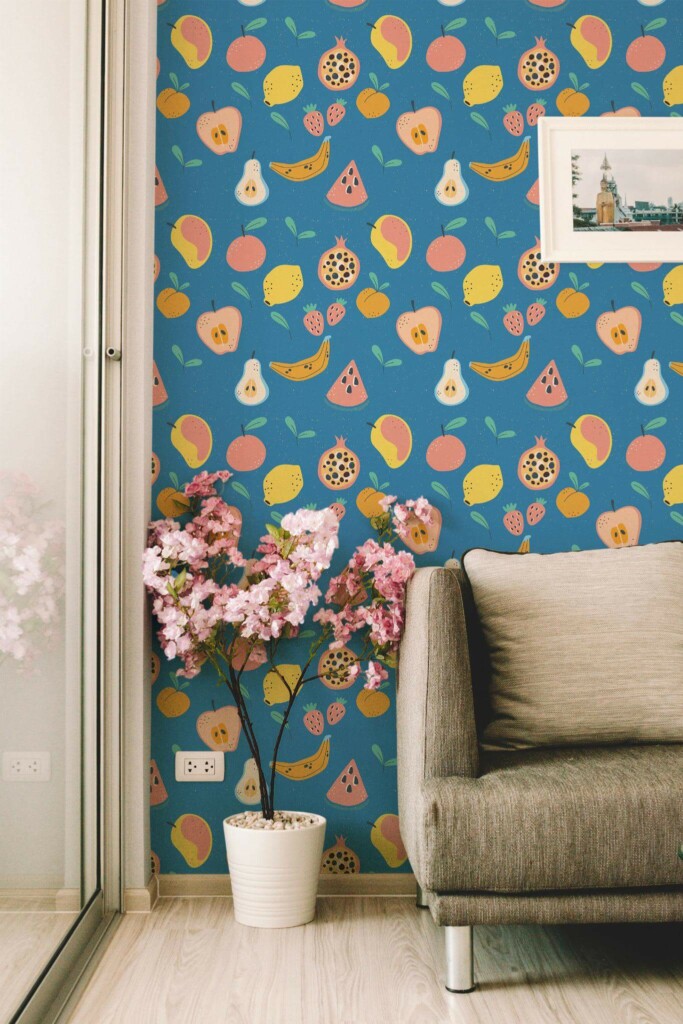 Modern farmhouse style living room decorated with Illustrated fruit peel and stick wallpaper