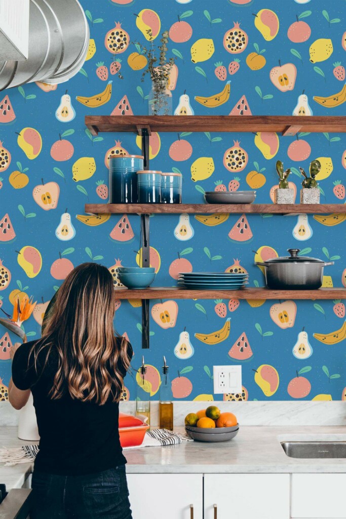 Modern Rustic style kitchen decorated with Illustrated fruit peel and stick wallpaper