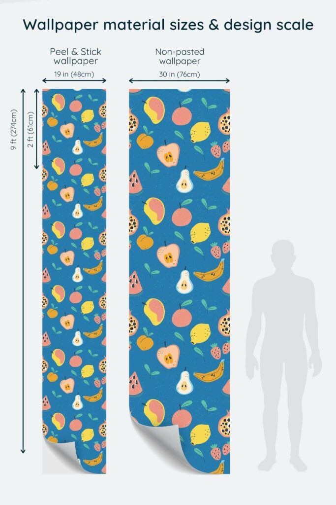 Size comparison of Illustrated fruit Peel & Stick and Non-pasted wallpapers with design scale relative to human figure