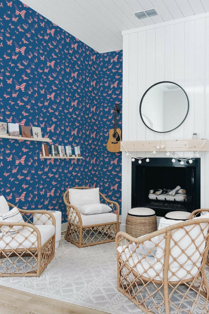 Minimal bohemian style living room decorated with Independence butterflies peel and stick wallpaper