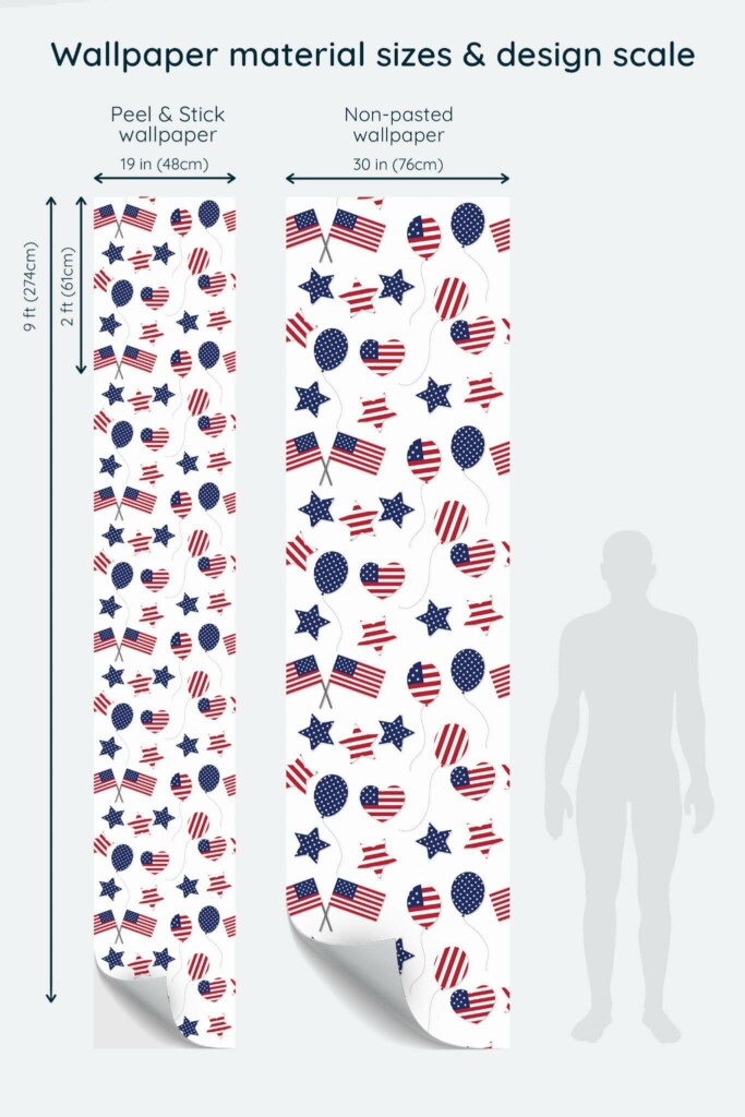 Size comparison of Independence Day Serenade Peel & Stick and Non-pasted wallpapers with design scale relative to human figure